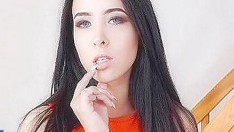 Hot brunette girl in her favorite bedroom is doing a good blowjob