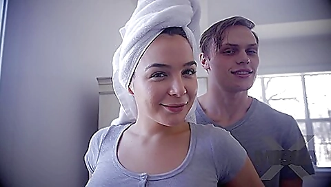 Blonde brunette with natural boobs is having fun with herself