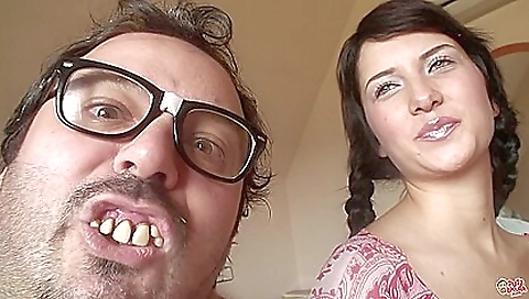 Brunette with a shaved pussy gets cummed by her boyfriend