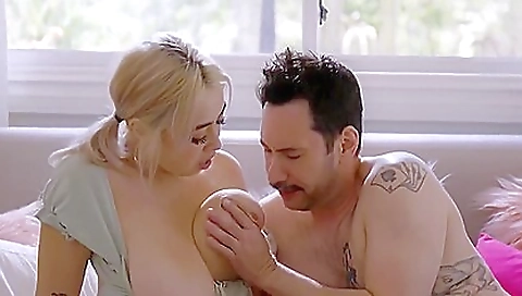 Busty blonde hottie with a tattooed ass gets humped